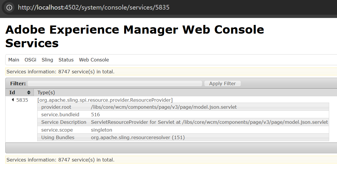 Screenshot of registered service